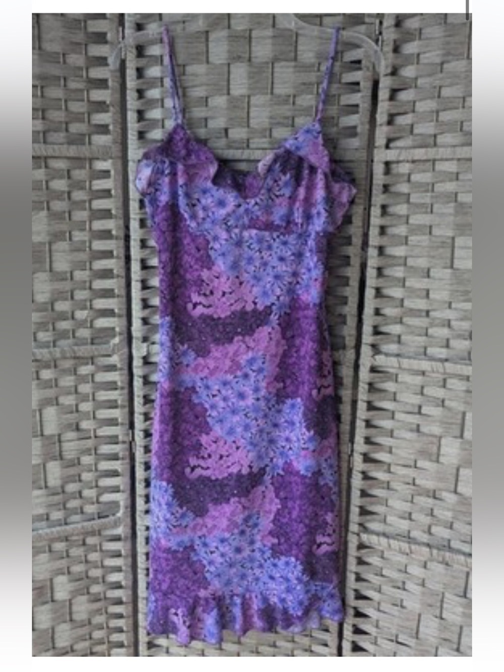 Vintage 90’s Midi Dress Purple Floral Ruffle V-Neck Spaghetti Strap Medium